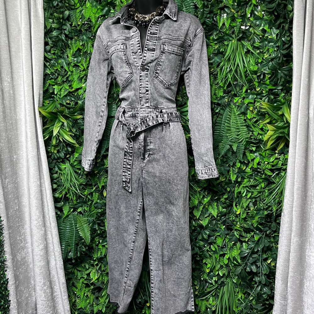 GAP Denim Jumpsuit Women 6 Grey Wash Long Sleeve Belted‎ Gorpcore Utility 3505
